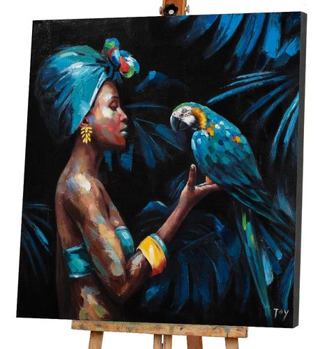Art Canvas Chronicles "Schönheit mit blauem Papagei" Acryl Gemälde