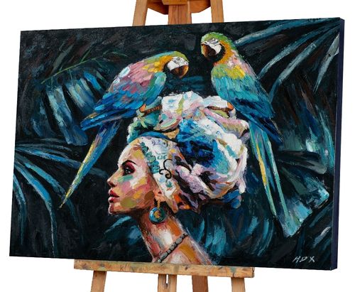 Art Canvas Chronicles "Schönheit mit blauen Papageien" Acryl Gemälde